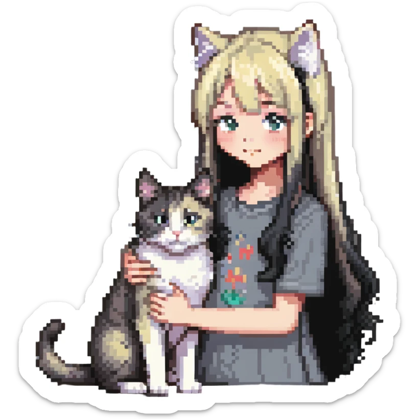 Beautiful girl with long black hair petting a gray and blonde mixed cat sticker