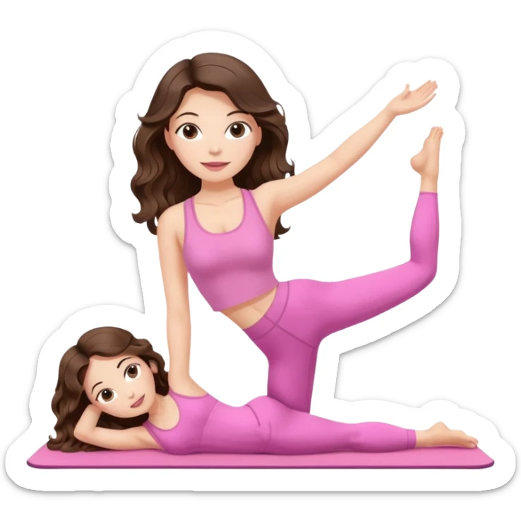 White, brown -eyed, brunette cute feminine lady emoji with wavy long hair doing pilates wearing pink pilates fit sticker