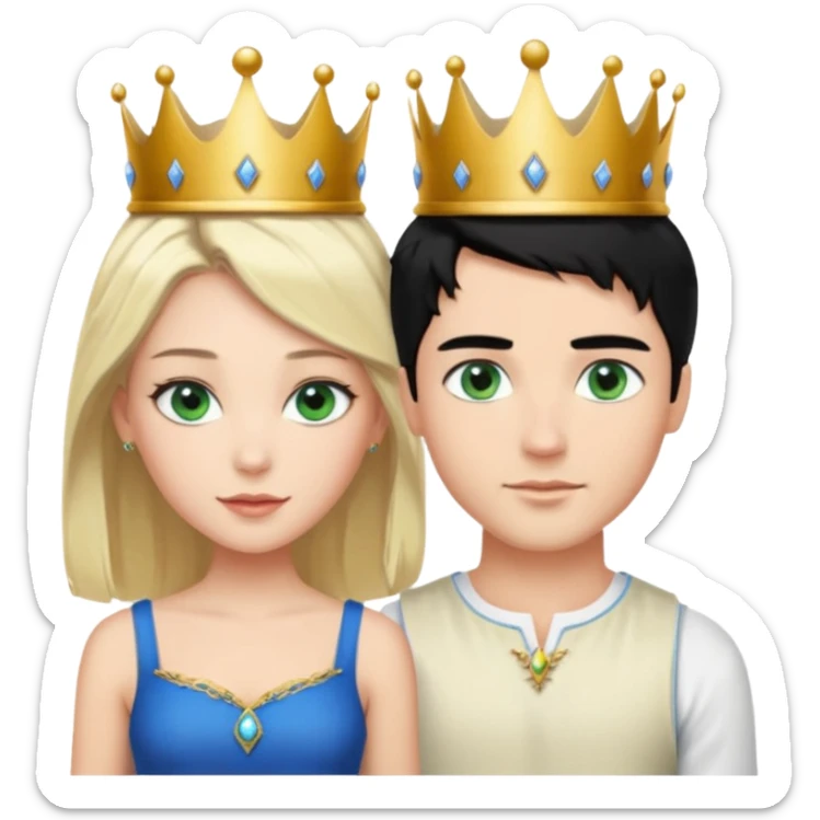 Prince with crown, black hair, blue eyes, woman blonde hair, green eyes, sexy white short sleveless dress,  sticker