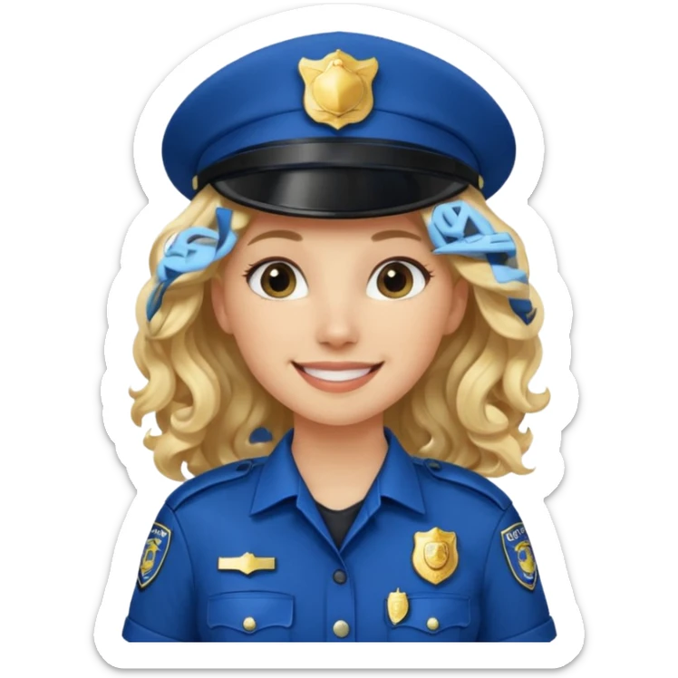 Female POLICE IN blue, long blonde curly hair, happy smile sticker