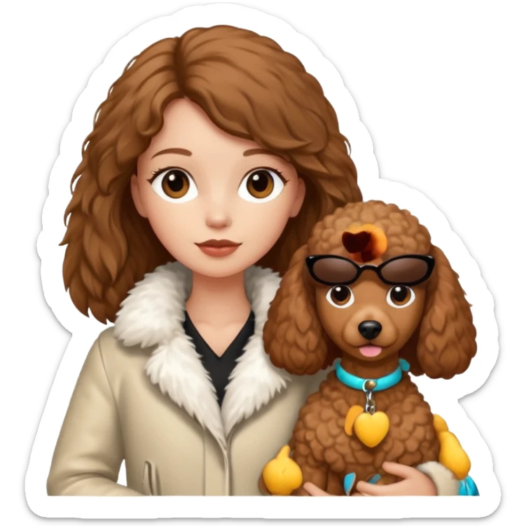 A white girl with a long brown straight hair and wearing a fur white jacket holds a brown poodle sticker