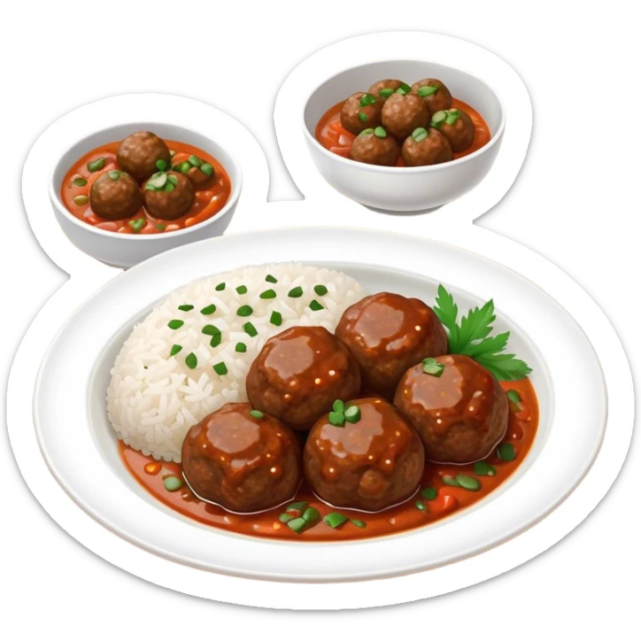 Kofte Cinematic Realistic Kofte Dish Emoji, depicted as spiced meatballs served alongside a portion of fragrant rice, rendered with rich textures and warm, appetizing lighting. sticker