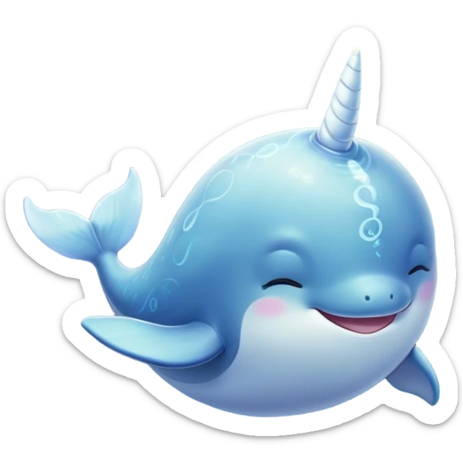 Beautiful and Majestic Cute Narwhal Portrait Emoji, Head and body rendered in serene repose with a gentle, radiant smile, showcasing a streamlined, graceful form adorned with a luminous spiraled tusk and peacefully closed eyes, Simplified yet exquisitely endearing features, highly detailed, glowing with a soft, majestic ocean light, high shine, serene and utterly enchanting, stylized with an air of magical marine splendor, soft glowing outline, capturing the essence of a beautiful and majestic cute narwhal that embodies the quiet wonder of the deep blue! sticker