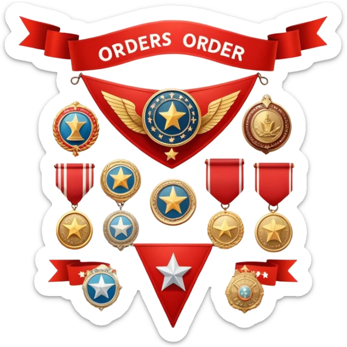 Icon for Collecting Orders, Medals & Badges: a variety of vintage orders and badges, displayed neatly on a big red pennant. The icon should reflect the honor and historical significance of these collectible items. Transparent background. sticker