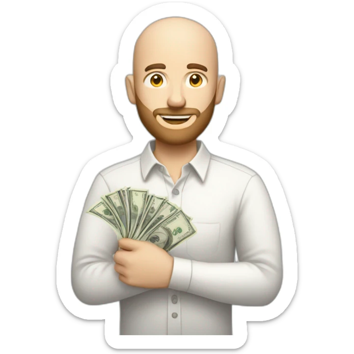 white male with small beard and almost bald  smart casual shirt holding money sticker