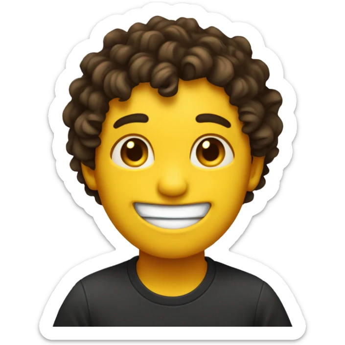 Yellow round face with dark brown curly hair smiling and winking with closed smile sticker
