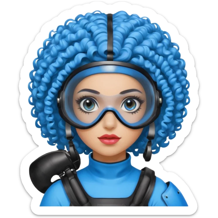 blue curly girl with huge earringswearing paintball with red paintball helmet with eye protection, only face  sticker