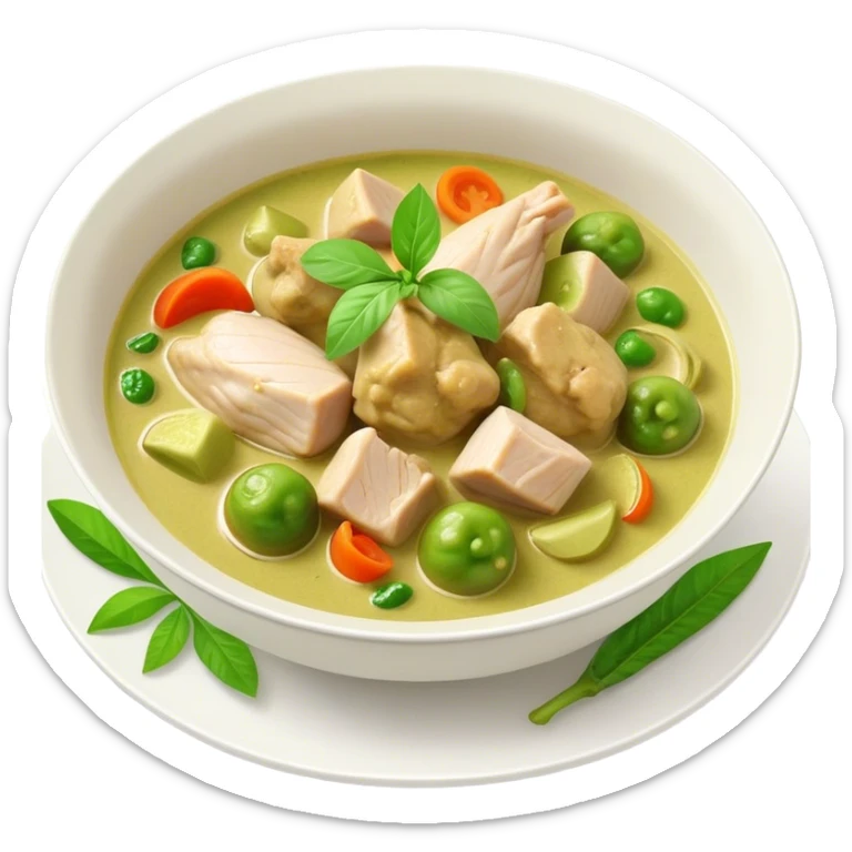 Green Chicken Curry Cinematic Realistic Green Chicken Curry Dish Emoji, depicted as tender chicken chunks simmered in a fragrant green curry sauce with vegetables, rendered with vivid textures and dynamic, vibrant lighting. sticker