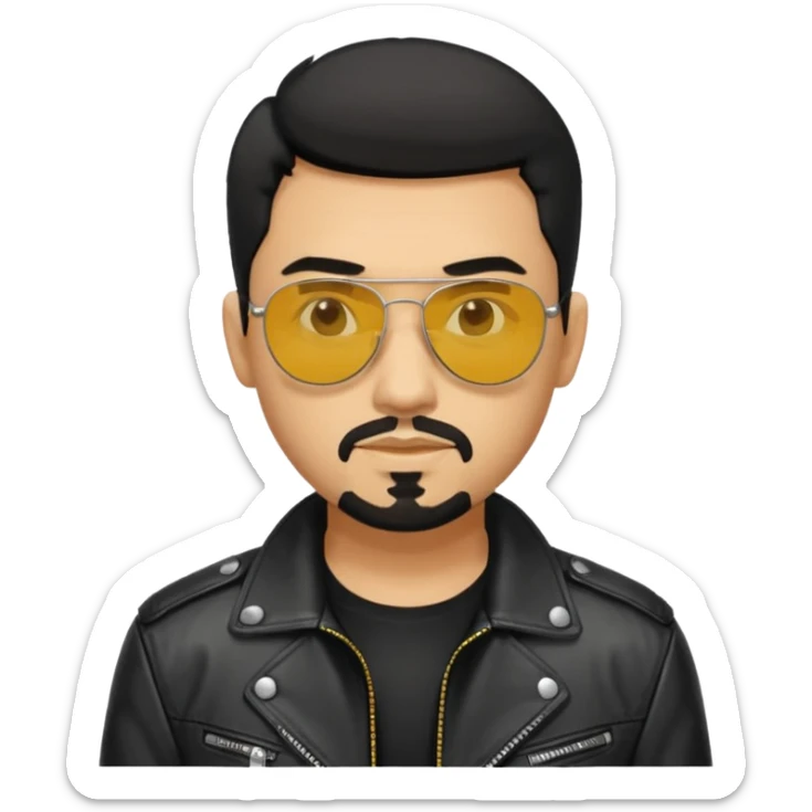 A man with middle part black hair sunglasses with yellowish glasses And black jacket. Goatee short black beard sticker