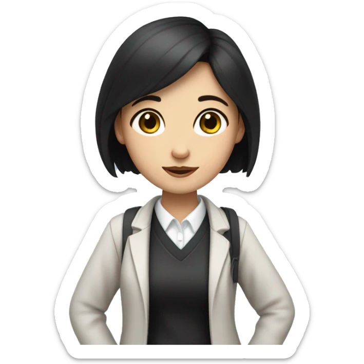 A girl with white skin and black hair is a teacher with a cat sticker