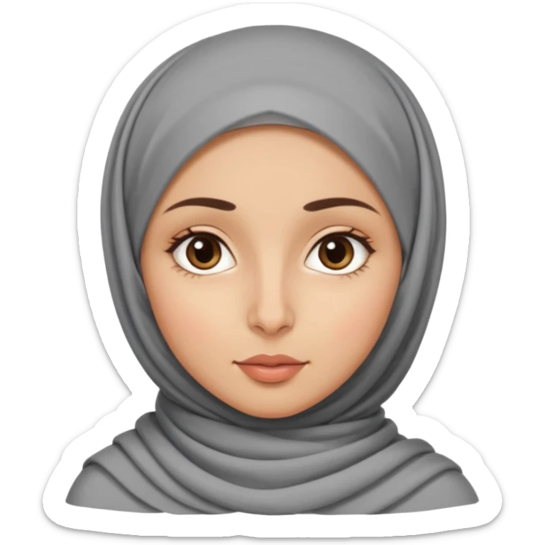 A girl in a French hijab, with an oval face, medium-sized forehead, wide eyes, straight nose, and full lips. She has thick, wavy hair and medium-toned skin with straight eyebrows sticker