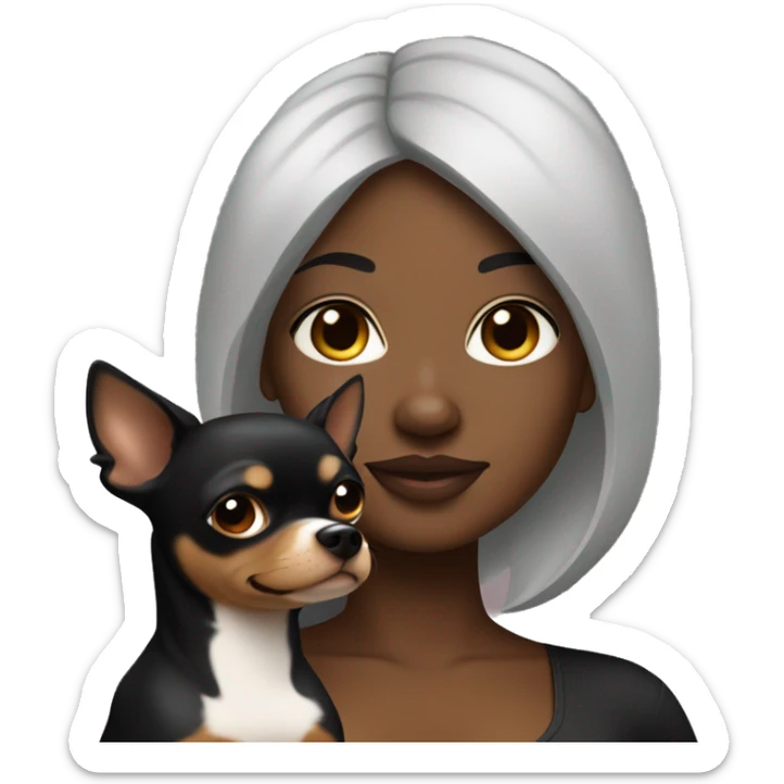 A curvy African American woman with dark skin and straightened black hair holding a black and brown chihuahua  sticker