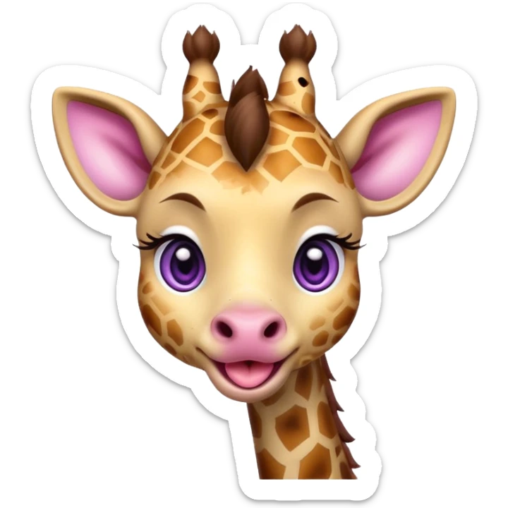 A cute little cheeky giraffe face with purple eyes sticking her tongue out and with her paw pulling down her lower eyelid of her right eye drawn in chibi style  sticker