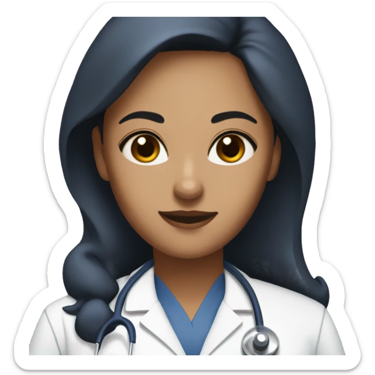 A woman doctor with brown eyes , with stethoscope, wearing dark blue and be on surgery  sticker