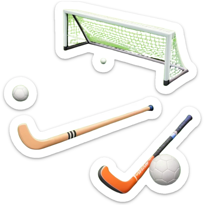 A field hockey stick and ball on a vibrant green grass field, with goalposts and clear field markings in the background. The scene emphasizes the bright, lush grass, highlighting the fast-paced and strategic nature of hockey on a well-maintained pitch. sticker