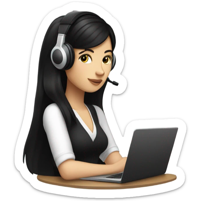 black hair white girl in a black headphones，sipping an iced Americano while holding a laptop sticker