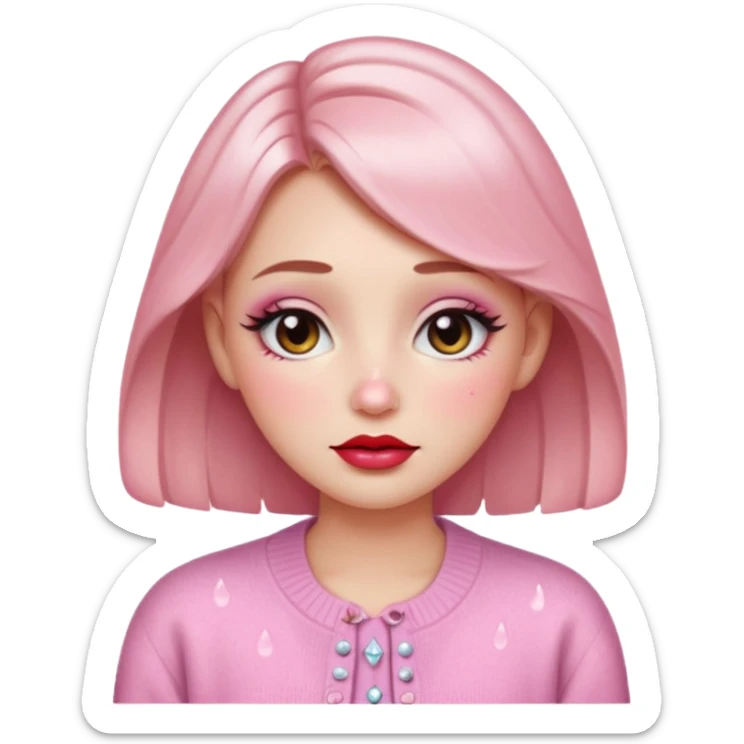 “Emoji girl, dewy skin, heavy blush across cheeks and nose bridge, glossy cherry lips, soft eyeliner, teary sparkling eyes, pastel cardigan.” sticker