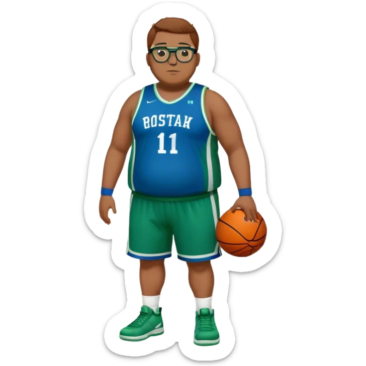 full body overweight tall white male basketball wearing glasses in blue an green uniform sticker