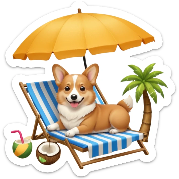 a corgi dog laied on a beach chair, a sunny beach, a sun umbrella, and beach coconut trees. the icon should capture the essence of a relaxing beach vacation with a carefree atmosphere sticker