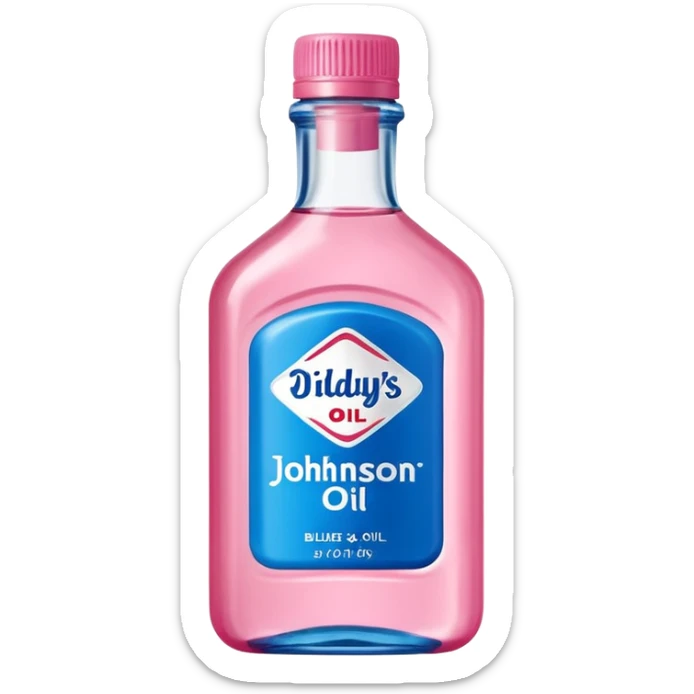 bottle of oil blue top pink outside with logo that says Diddys Oil Johnson and Johnson bottle  sticker