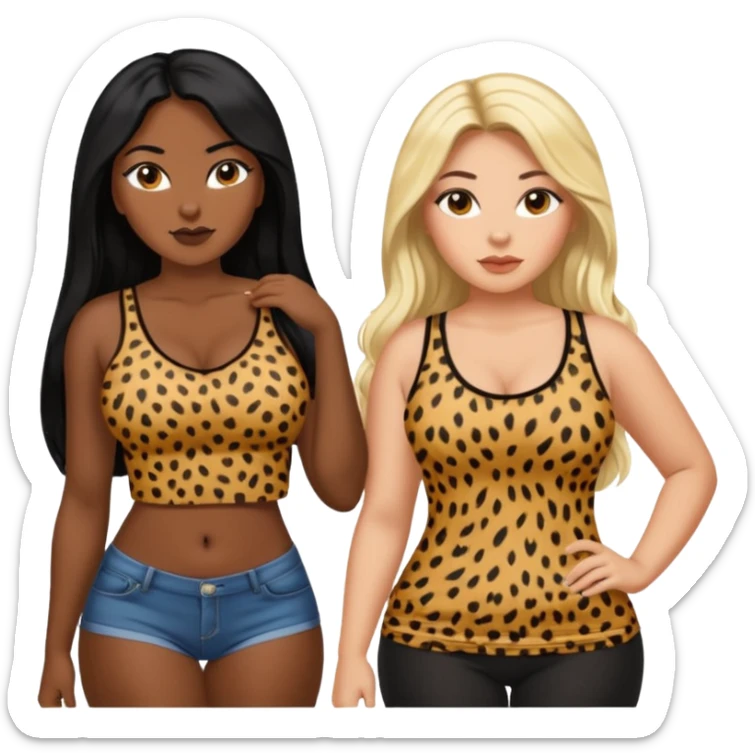 Tan Latina woman with long black hair chubby and black dark skinned woman with long blonde hair slim thick in cheetah top sexy sticker