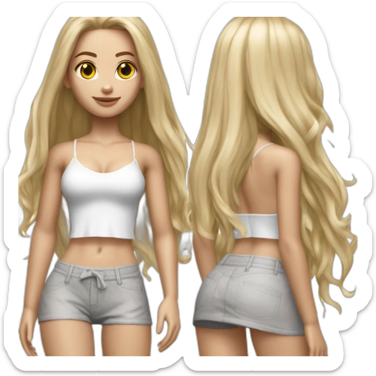 hyperrealist caucasian long straight hair blonde brown eyes white bikini top gray tight mini skirt black sneakers full body sticker