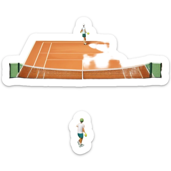 A tennis court at the Roland Garros tournament, with the iconic clay surface and a tennis ball bouncing near the net. The scene evokes the energy and excitement of the grand event, with vibrant crowds in the stands and a competitive atmosphere. sticker