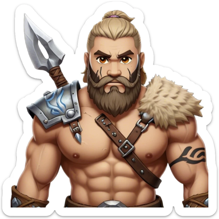 Clash of Clans aesthetic: Cinematic Rugged Barbarian Portrait Emoji, Intense and formidable with a heavily muscled physique, a rugged beard, piercing eyes and battle-worn armor adorned with tribal markings, his complexion a light tan that speaks of hard-fought battles, Simplified yet powerfully detailed features, highly detailed, glowing with a deep, primal energy, high shine, gritty and uncompromising, stylized with an air of raw, untamed power, focused and determined, soft glowing outline, capturing the essence of a barbarian warrior carved by countless battles and poised to lead his clan into epic conflict! sticker