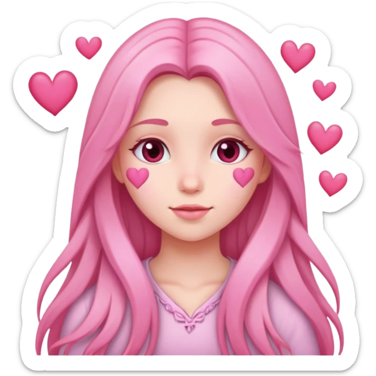 Create an emoji of a girl with long hair and pink hearts sticker