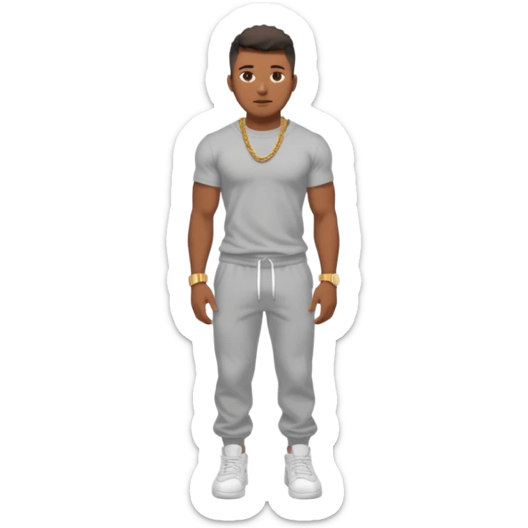 Handsome Black guy with brown skin tone, with muscular build, wearing gray sweatpants, a white t-shirt, white Air Force Ones sneakers, a small gold rope chain, and a gold watch  sticker