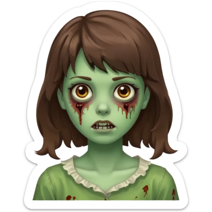 Uma menina zombie com um cabelo ondulado médio, com a franja pro lado direito, o cabelo com cor castanho com a cor de pele verde  sticker