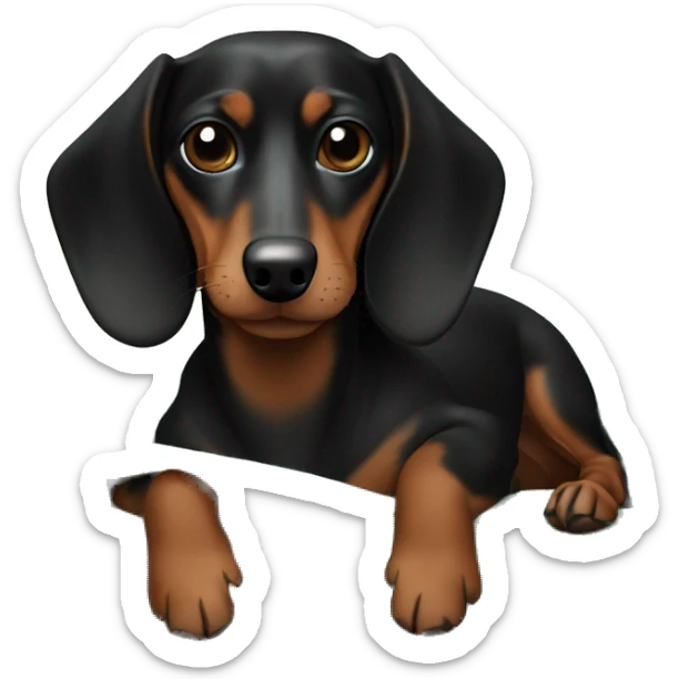 Black and brown dachshund laying on arm of a white sofa on top of a green blanket  sticker