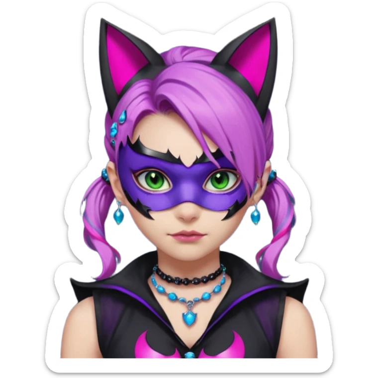 Girl with green eyes, wearing a bat mask with pink stones around her eyes, her hair tied in a ponytail, the hair is purple with blue and pink streaks, with black cat ears with pink stones around, wearing a black shirt that covers the neck, and a sleeveless blue jacket, and a necklace of pink stones sticker