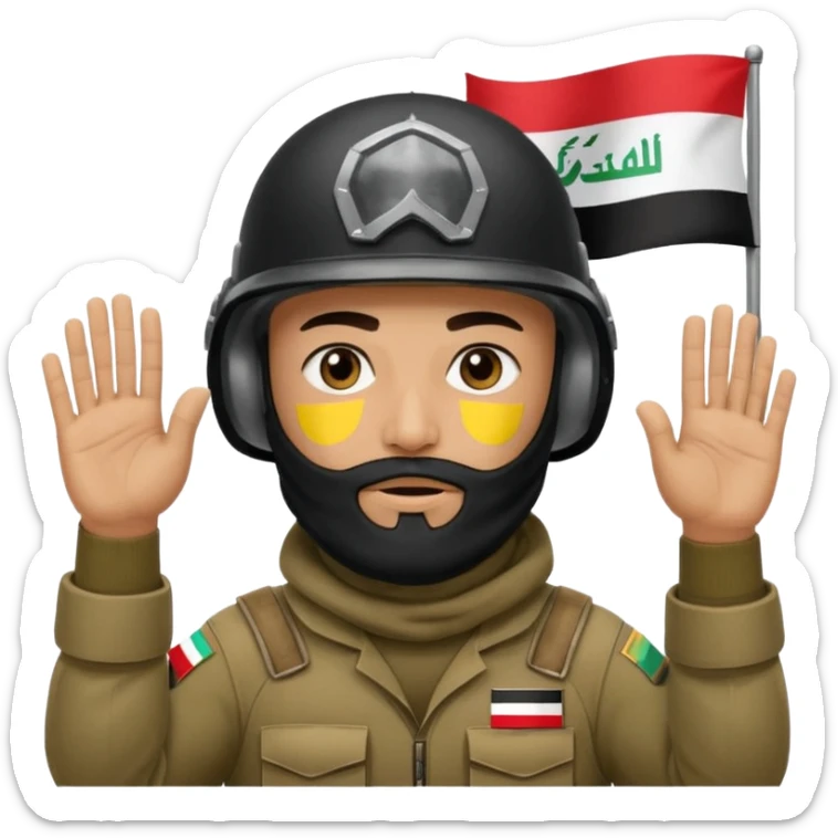 surrenders, depicts an Iraqi soldier from 1980, with a beard, in a helmet, a helmet with sign flag Iraq, with a balaclava, with sad eyes and both hands raised up sticker