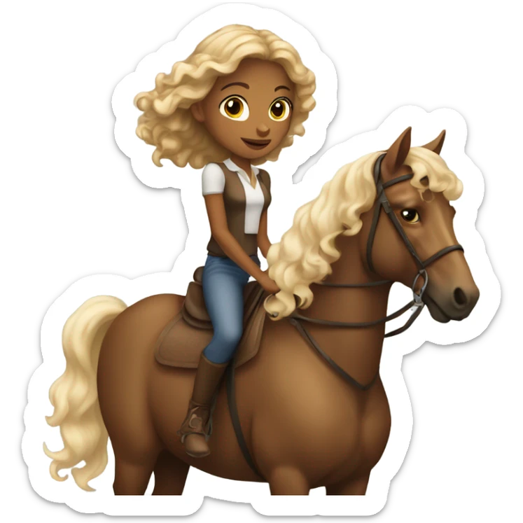 A dark tan girl with curly blonde hair riding a brown horse with white spots  sticker