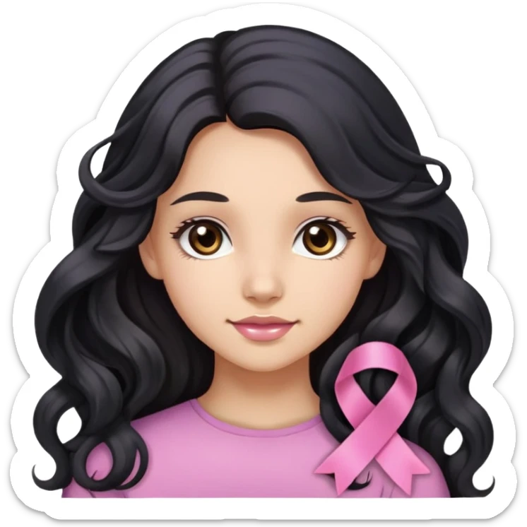 Beautiful girl with long wavy black hair, brown eyes, light skin, slight smile, and pink ribbon in hair sticker