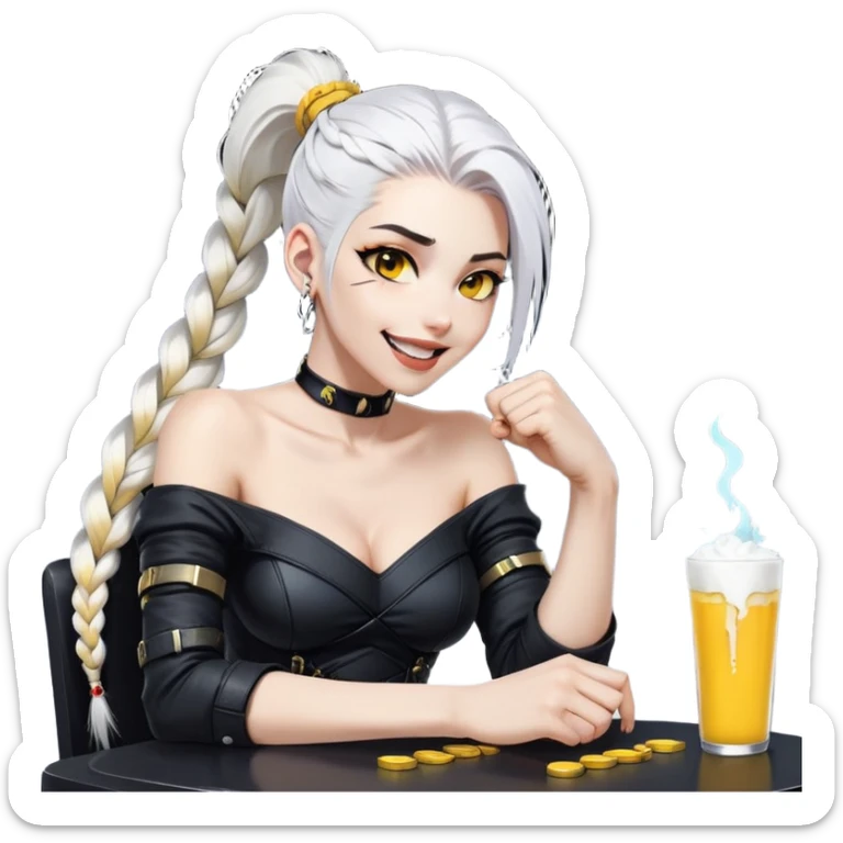 she is laughing the hardest and pounding her fist on the table, a closeup portrait of young woman with gold yellow eyes, white hair, long braid, black off-shoulder top, punk gothic style, futuristic cyberwave cyberpunk, sitting position
 sticker