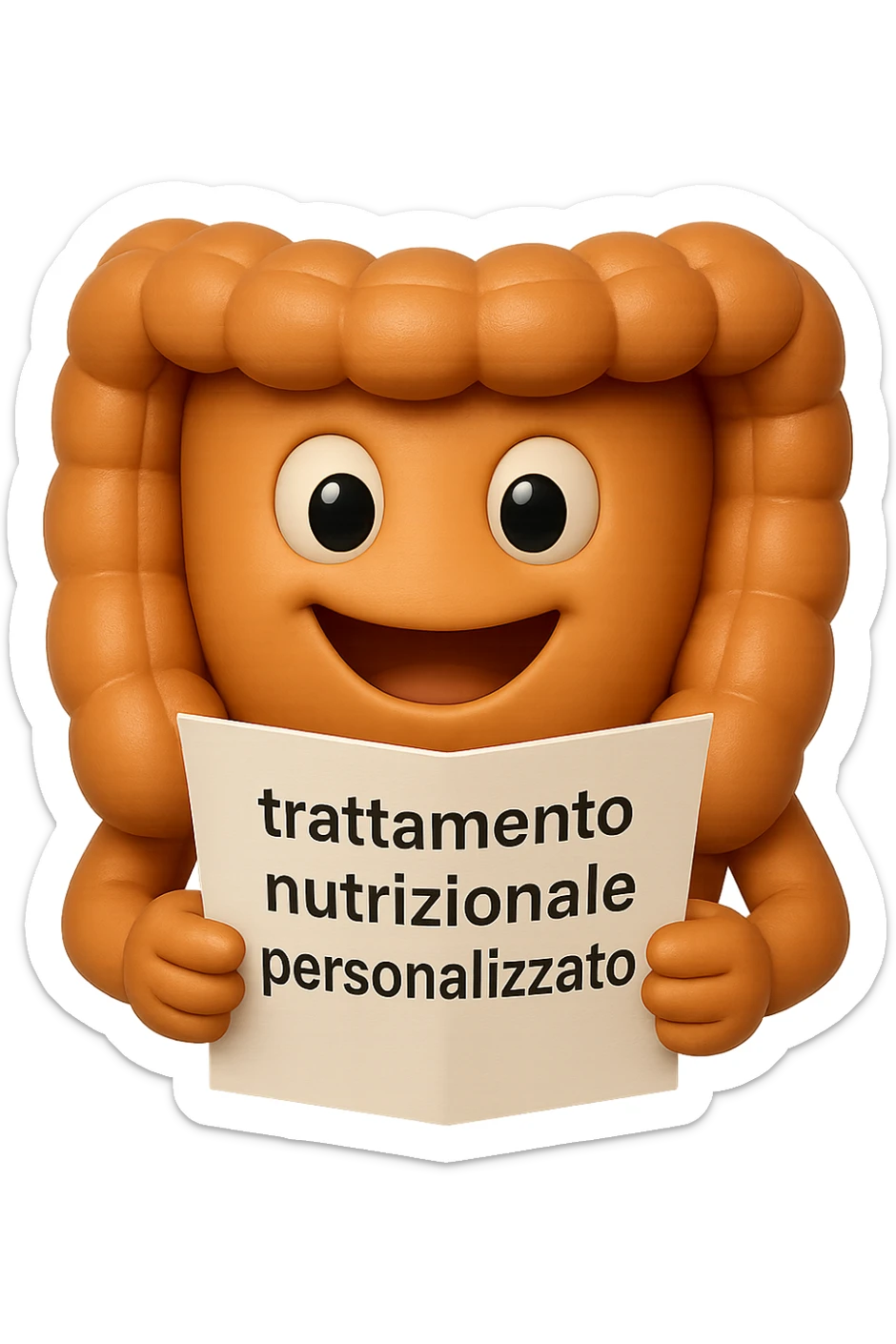 emoji stile iphone di un intestino felice che legge un foglio con la scritta "trattamento nutrizionale personalizzato", non fargli il naso, iperrealistico 4k sticker