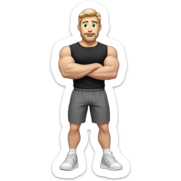 Surprised Pale skinned Fit Man With the biceps and dark brown hair in black shirt, gray sports shorts and white Sneakers sticker