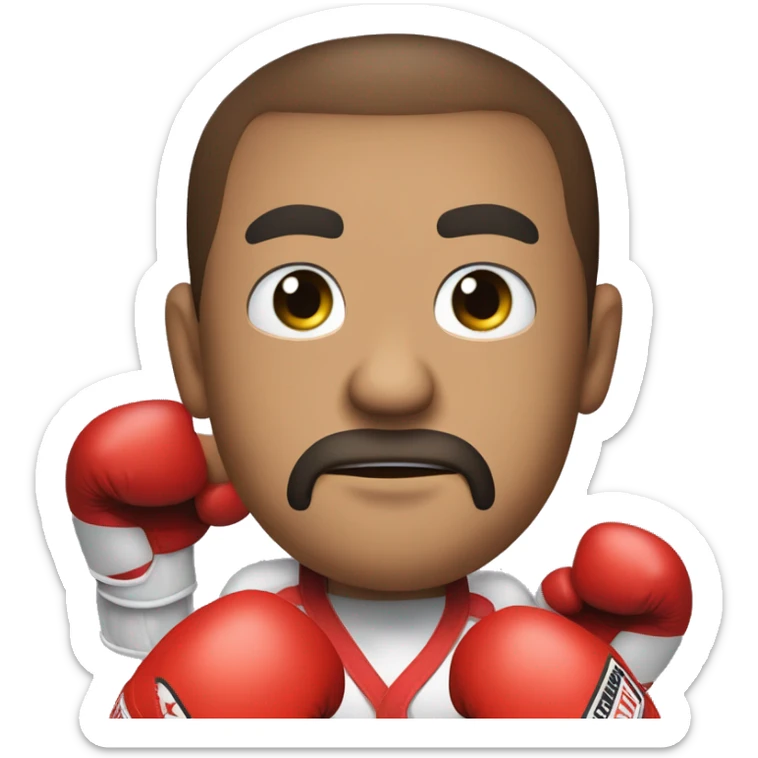 Create an emoji of a person wearing boxing gloves, with a focused and determined face. Show the spirit of a boxing champion with a belt of the champion sticker