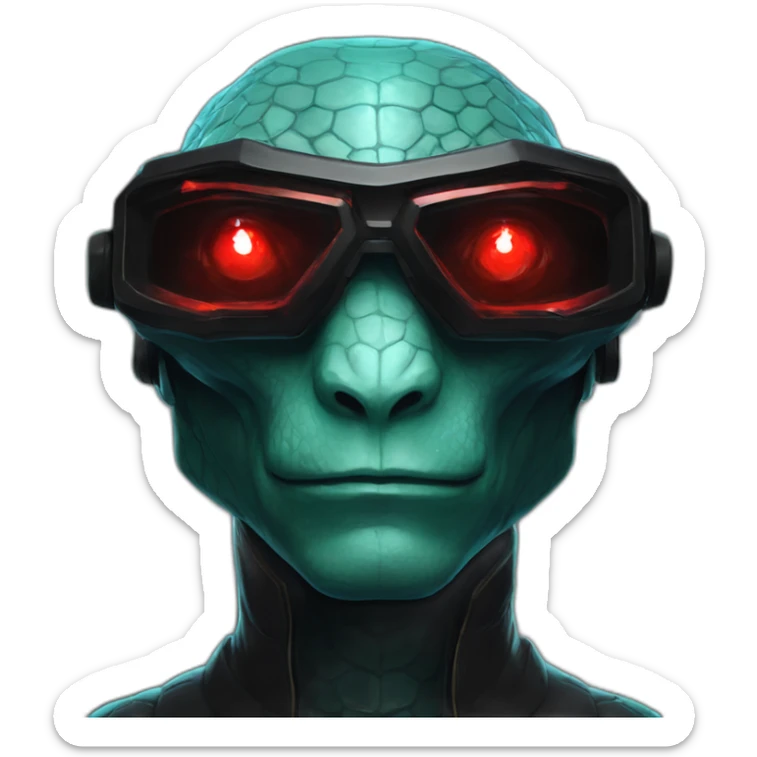 Aquamarine Reptilian with red lasers from the eyes in black suite in a black space sticker