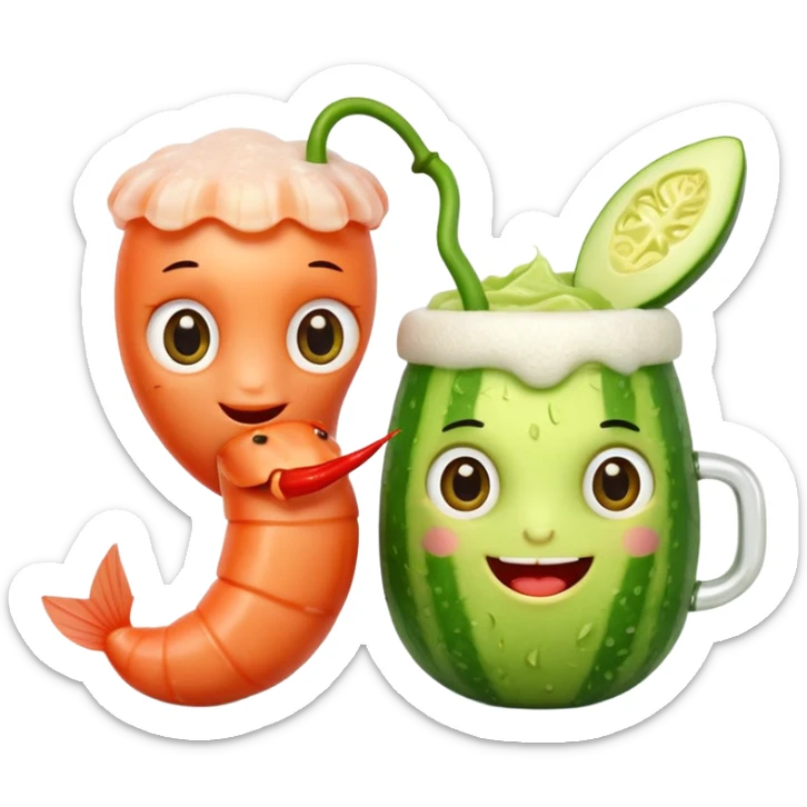 Emoji-style food mascots, NOT human.
Two cute shrimp characters, simple cartoon faces, big round eyes, small smiles.
One shrimp holding a beer mug with foam, the other holding an aguachile bowl with cucumber and chili.
Flat + soft 3D style, clean shapes, no human facial details, no realistic skin.

 sticker