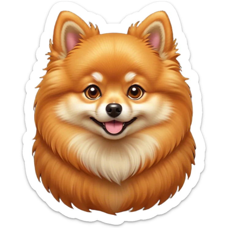 Cinematic Cute Orange Pomeranian Portrait Emoji, Head tilted playfully and inquisitively, featuring a luscious, fluffy orange Fur with a natural sheen, round, sparkling brown eyes filled with curiosity, Simplified yet irresistibly adorable features, highly detailed, glowing with a warm, friendly glow, high shine, affectionate and lively, stylized with a touch of whimsy, bright and endearing, soft glowing outline, capturing the essence of a mischievous yet loving pup, so playful it feels like it could scamper out of the screen and into your arms! sticker
