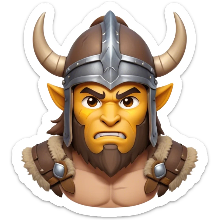 Cinematic Fierce Barbarian Portrait Emoji, Poised and bold with a rugged yet cartoonish build in tattered furs and a horned helmet, expressive bright eyes and a confident smirk, Simplified yet dynamic features, highly detailed, glowing with a vivid, adventurous aura, high shine, heroic and spirited, stylized with an air of medieval warrior charm, focused and energetic, soft glowing outline, capturing the essence of a fearless barbarian adventurer ready to lead his clan with spirited valor! sticker