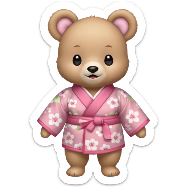A cute baby bear character in pastel style, standing upright like a human. 
Light brown soft fur, large round ears, rounded paws and feet. 
Big cute black dot eyes, medium blush cheeks, and a tiny smiling mouth. 
Wearing a pink kimono with soft cherry blossom patterns on the sleeves and bottom,  sticker