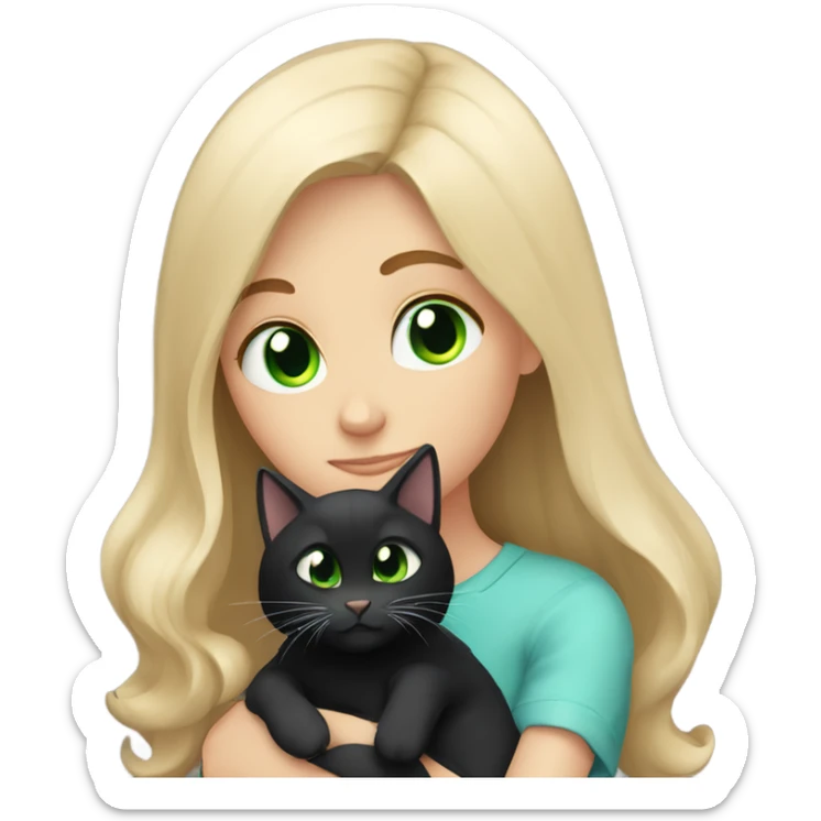 White brown-haired blue-eyed girl hugging black cat with green eyes sticker
