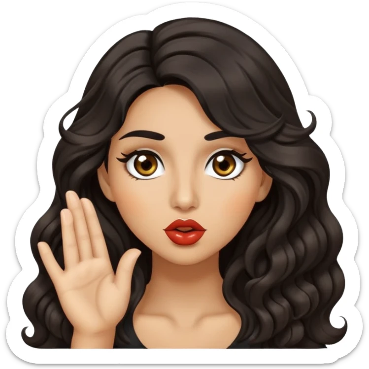 woman with olive skin, brown eyes and long lashes, and long black wavy hair blowing kiss sticker