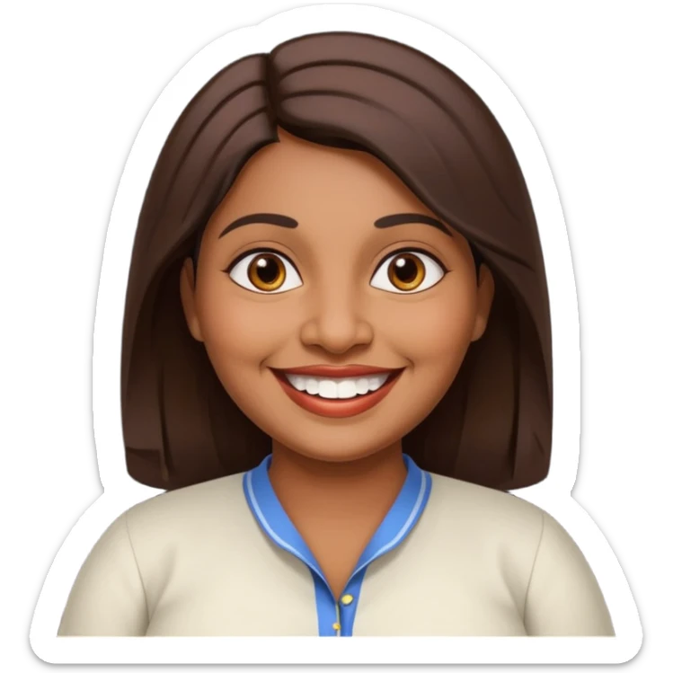 40 yr old chubby Sri Lankan woman, dark skin, straight brown hair, big smile, white teeth, european clothes sticker