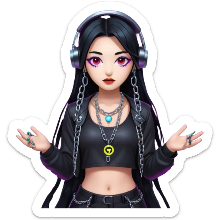  korean-techno-dj-girl,-wearing-a-stylish-edgy-outfit-with-metallic-chains,-long-black-hair,-performing-in-a-neon-lit-underground-club,-cyberpunk-aesthetic,-high-detail-3d-emoji-style,-energetic-and sticker