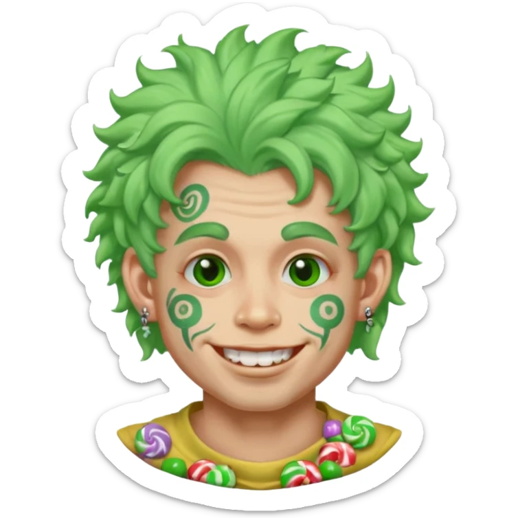 very colorful puffy green haired man made out of candy  and excessive face tattoos and excessive piercing just face  sticker